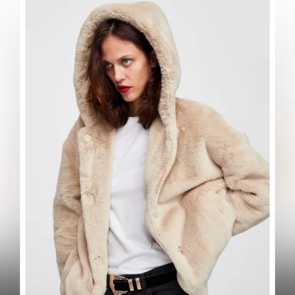 Zara Tan Teddy Jacket with Hood